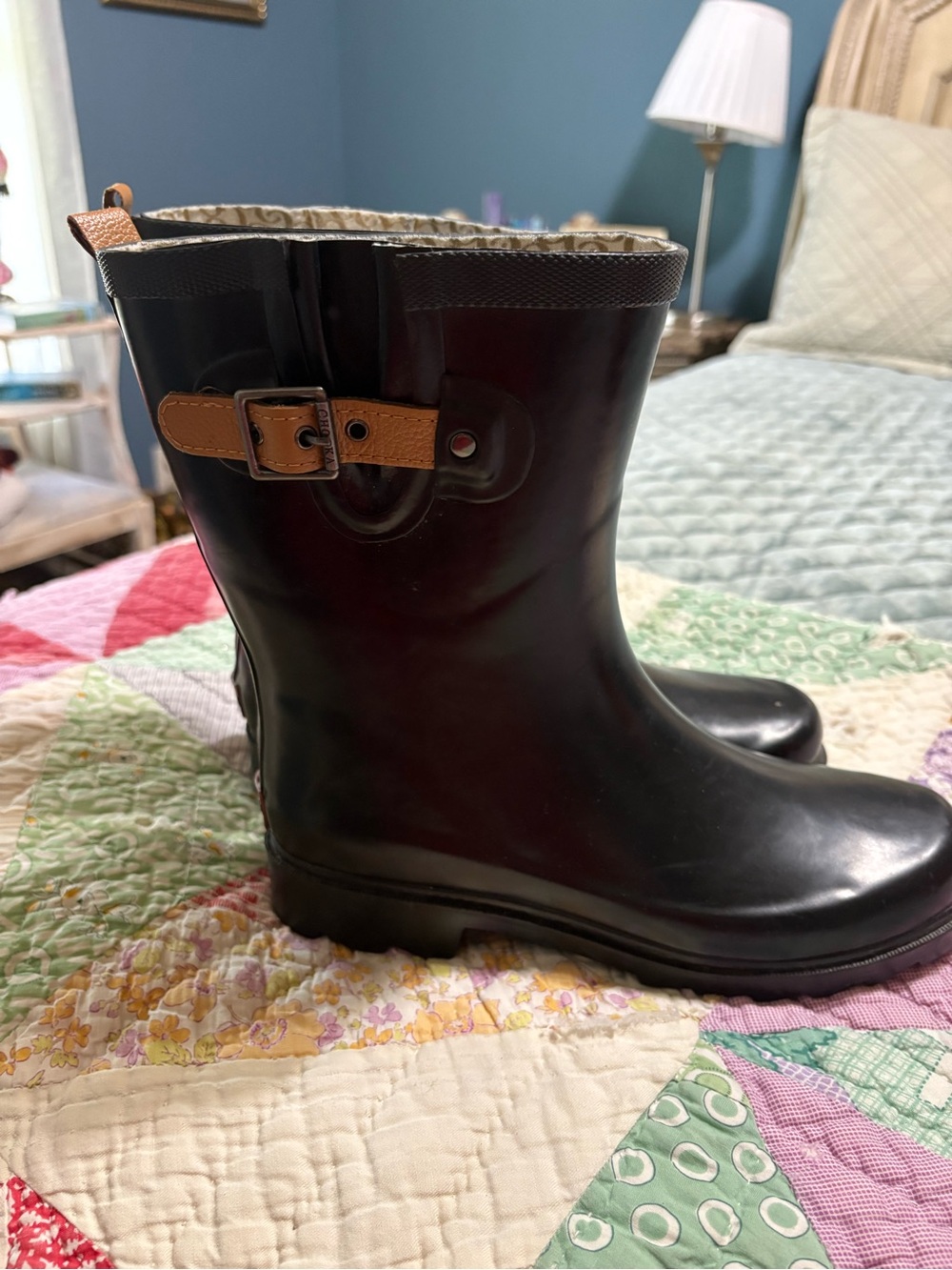 chooka Black Rain Boots with Tan Buckle Accent